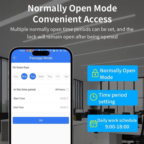Beefed Up IP67 Waterproof Fingerprint Access Control System app interface with normally open mode settings on smartphone screen.