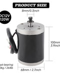 MY6812 12V 120W High Speed Brushed Motor with 9 Tooth Gear, 8mm shaft, 100mm height, product measurements visible
