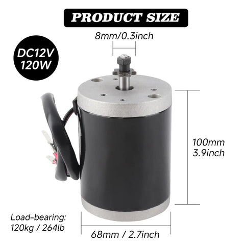 MY6812 12V 120W High Speed Brushed Motor with 9 Tooth Gear, 8mm shaft, 100mm height, product measurements visible