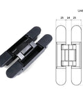 Black folding cross door hinge with diagram, showcasing invisible stainless steel design, 180 degree concealed, for modern homes.