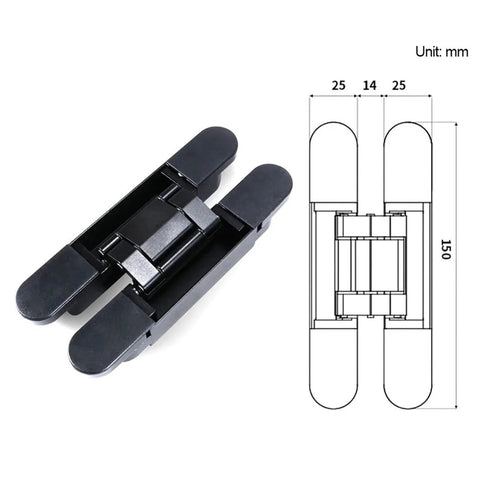 Black folding cross door hinge with diagram, showcasing invisible stainless steel design, 180 degree concealed, for modern homes.
