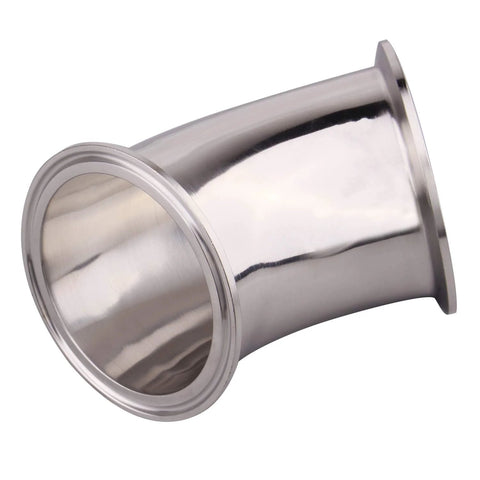 Stainless steel 45-degree elbow pipe fitting, 3 inch tube OD, tri-clamp compatible.