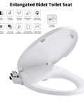 Elongated Bidet Toilet Seat With Hot And Cold Water Non Electric Self Cleaning Dual Nozzles Slow Close Lid Quick Release Easy DIY Installation Fits Most V Shape Toilets shown open with features chart.