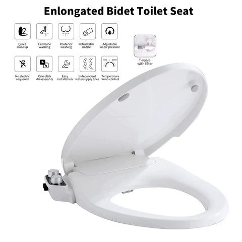 Elongated Bidet Toilet Seat With Hot And Cold Water Non Electric Self Cleaning Dual Nozzles Slow Close Lid Quick Release Easy DIY Installation Fits Most V Shape Toilets shown open with features chart.