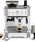 Game Changer Espresso Maker With Adjustable Built In Grinder And Auto Milk Frother For Rich Full Body Shots and Smooth Pre Infusion Brewing Daily At Home, showing brewing espresso.