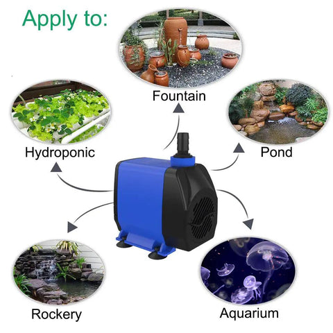Ultra Quiet Submersible Pump 1056 GPH with Overheat Protection 85W 9.8ft Power Cord Durable Copper Rotor Low Noise in use for fountains, hydroponics, ponds, aquariums, and water features.