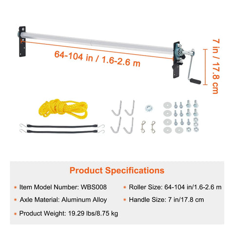 Image of Hand Crank Tarp Roller Kit For 64 To 104 Inch Wide Dump Trucks And Trailers, showing aluminum axle, yellow rope, hooks, and hardware.