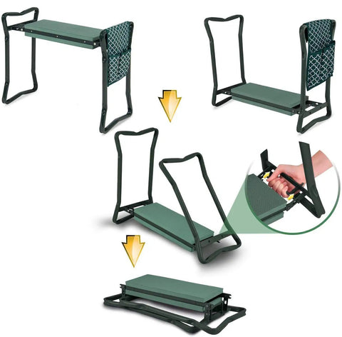 Foldable Garden Kneeler Seat With Foam Kneeling Pad And Tool Pouch, Portable Garden Bench Stool for Back and Knee Relief, shown folded and unfolded views.