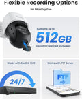 PTZ 4K PoE Security Camera System With Dual Lens 360 showing flexible recording options with microSD, NVR, and FTP compatibility.