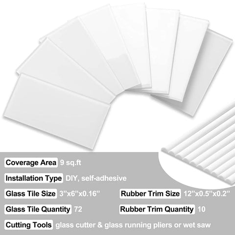 72-Piece Peel And Stick Glass Tile Set For Kitchen And Bathroom Backsplash 3X6 Subway Style Self Adhesive White Gloss Finish Includes Tile Trim Easy Install Durable Glass Tiles For Modern Renovations