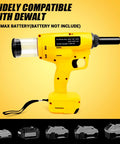 Heavy Duty Cordless Rivet Gun Real Deal Electric Fastener Tool With Brushless Motor and Stopper Set for Auto Body Repair and Metal Fabrication No Hassle Shop Staple Bare Tool Only with a yellow body and clear nozzle view.