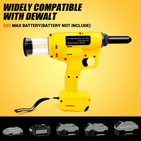 Heavy Duty Cordless Rivet Gun Real Deal Electric Fastener Tool With Brushless Motor and Stopper Set for Auto Body Repair and Metal Fabrication No Hassle Shop Staple Bare Tool Only with a yellow body and clear nozzle view.