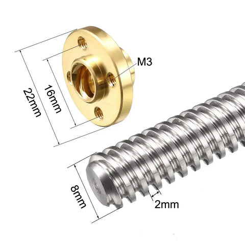 Close-up of Three Hundred Millimeter T8 Lead Screw Rod 8Mm Dia With Copper Nut For 3D Printer Z Axis showing dimensions and thread details.