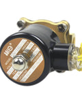 Close-up of 3/8 Inch Brass Electric Solenoid Valve, 12V DC Normally Closed, NPT Thread, for water or air lines, durable brass body