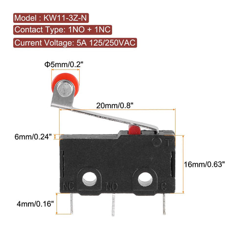 Diagram of KW11 3Z N 1NO 1NC Micro Limit Switch Waterproof Miniature Switch with measurements and specifications shown