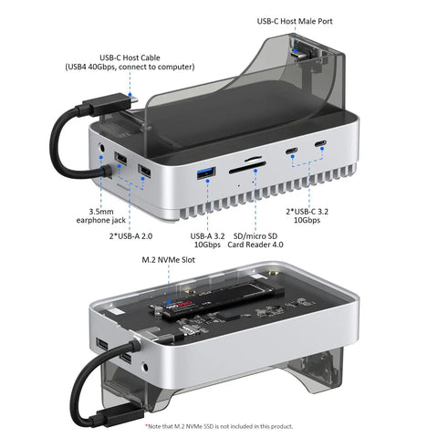 Mac Mini M4 And M4 Pro Stand Hub That Sets Your Workstation On Fire With 40 Gbps Thunderbolt Speed showing USB ports and NVMe slot.