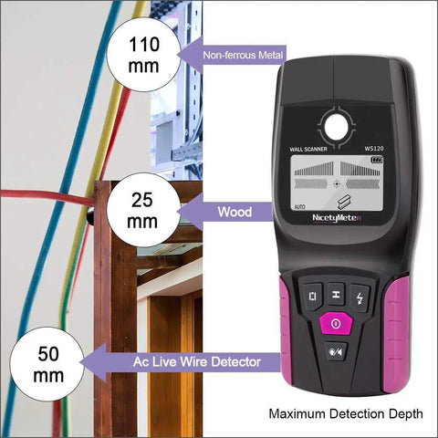 OSPSHPG Multifunctional Wall Scanner display showing depth detection for non-ferrous metal, wood, and AC live wire.