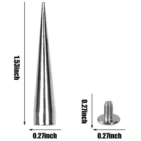 Badass 30 Pack Silver Cone Spikes And Heavy Duty 40Mm Screwback Rivets For Leather Jackets Punk Clothing showing a 1.53-inch cone spike and screw.