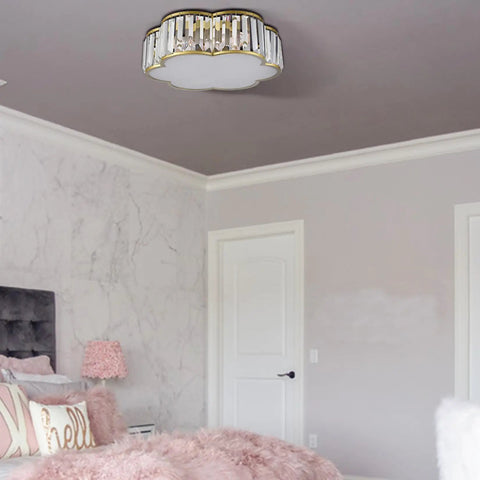 Gold Crystal Flush Mount Ceiling Light With 4 Lights, Modern Brass Frame in a bedroom, flower drum, premium glass crystals