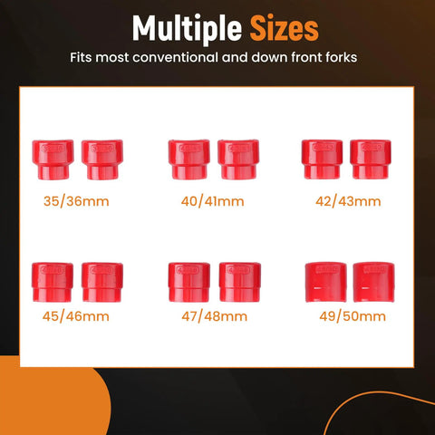 Fork Seal Driver Tool Kit For Motorcycles And Bikes Pro Grade 14 Piece Set With Adapters 35 36mm 40 41mm 42 43mm sizes displayed