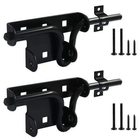 Built Tough Heavy Duty Slide Bolt Latch 2 Pack Black Steel Gate Lock with screws for install, ideal for fences and outdoor sheds.