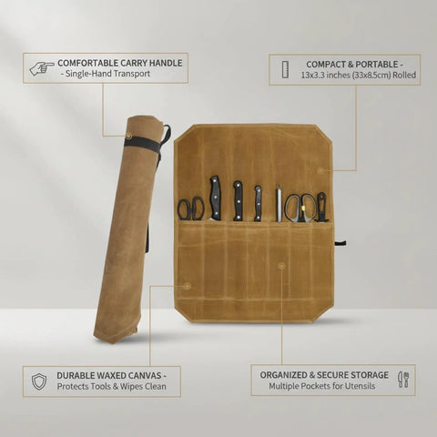 Canvas Knife Roll With Handle Portable Chef Tool Organizer For Travel Camping And Picnics Durable Knife Case showcasing knives.