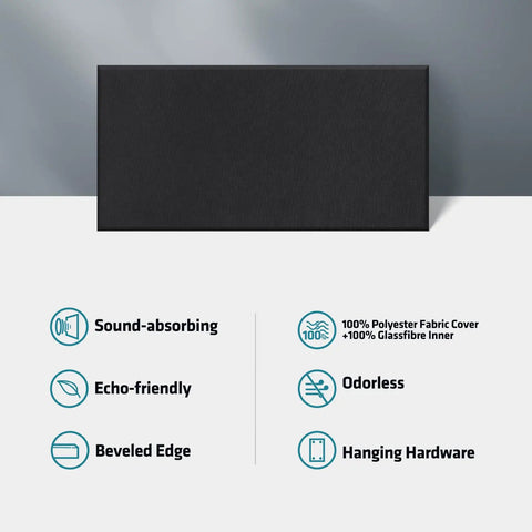 Heavy Hitter Four Pack Acoustic Panels Two Inch Thick Soundproof Fiberglass Wall Tiles shown with bevel edge design and hanging hardware.