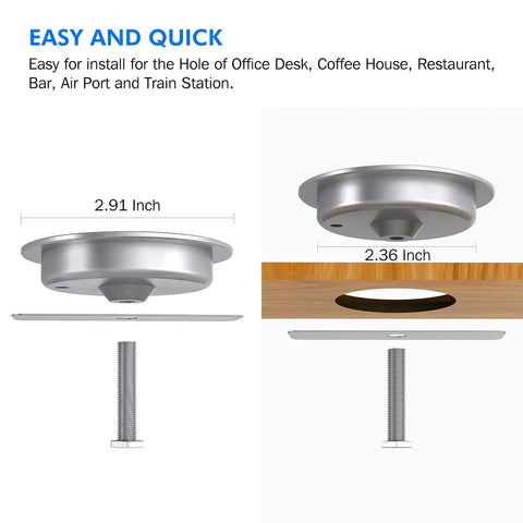 Hassle Free Embedded Desk Wireless Charger With Recessed Grommet Mount showing gauge sizes, aluminum material for installation.