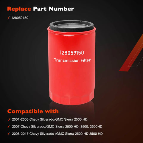High Efficiency Transmission Filter For 1000 2000 Transmission, Fits Chevy Silverado And GMC Sierra 2500 HD 3500 HD, 15 Micron Filtration, Replaces 29539579 128059150, 2 Pack, Beefed Up Protection For Your Transmission And Smoother Shifts. Red spin-on transmission filter labeled 128059150, shown for Chevy Silverado and GMC Sierra fitment.