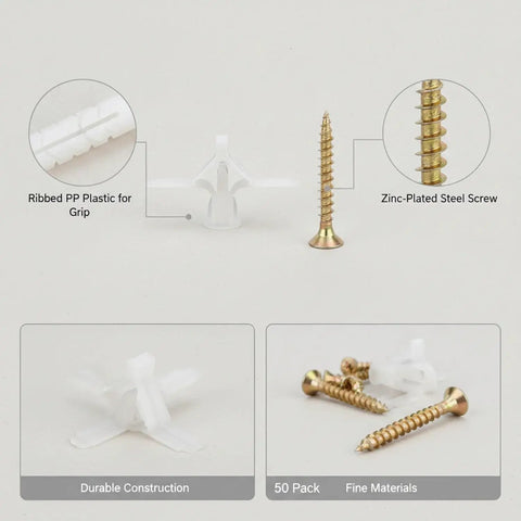 Heavy Duty M8 Drywall Anchors With Screws Kit For Hollow Walls, showing ribbed PP plastic and zinc-plated steel screw in 50 pack