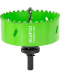 Front view of HLOFIZI green carbide-grit hole saw with center pilot bit, 4-1/8 in diameter