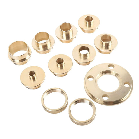 Heavy Duty Brass Router Bushing Kit Features 11 Precision Sizes For Quick Woodrouting Setup With Heat Resistant Design And Smooth Operation That Handles Daily Shop Grind Without Skipping A Beat showing 11 brass guide inserts.
