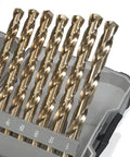 Close-up of Beefed Up 29 Piece Cobalt Jobber Drill Bit Set With 135 Degree Split Point High Speed Steel Heavy Duty Case Made In USA