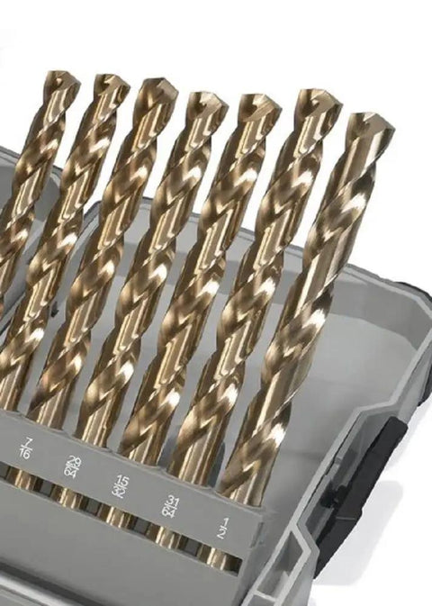Close-up of Beefed Up 29 Piece Cobalt Jobber Drill Bit Set With 135 Degree Split Point High Speed Steel Heavy Duty Case Made In USA