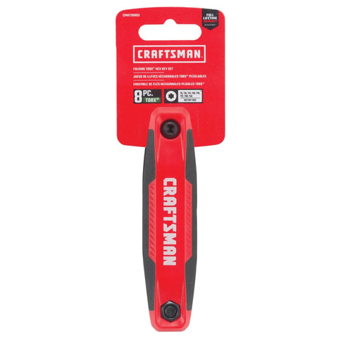 Red Beefy 8 Key Folding Star Hex Key Set with Durable Composite Construction, rubber grip, chamfered edge visible