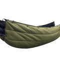 OD Green insulated hammock underquilt for camping and hiking Sorona quilt that keeps you warm and dry, water resistant and windproof