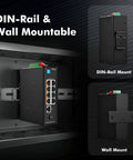 Heavy Duty PoE Switch With Eight PoE Plus Ports And One Gigabit Uplink 10 100 Mbps Per PoE Port DIN rail and wall mount