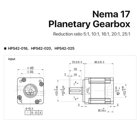 Nema 17 Planetary Gearbox Motor Speed Reducer detail illustration, showing dimensions and reduction ratios of 5 to 25 to 1.