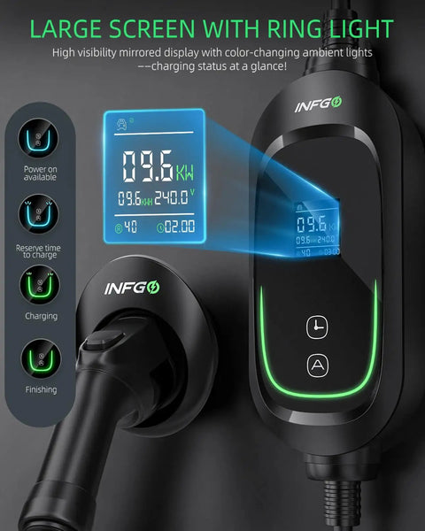 Level 2 EV Charger 40 Amp With Adjustable Current And Delay, 240V 9.6kW Portable Home Charging Station display and status lights