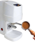 Pro Rigged Stainless Steel Coffee Tamper 58Mm Onboard Digital Scale Rechargeable adjustable with tamping handle and coffee grounds.