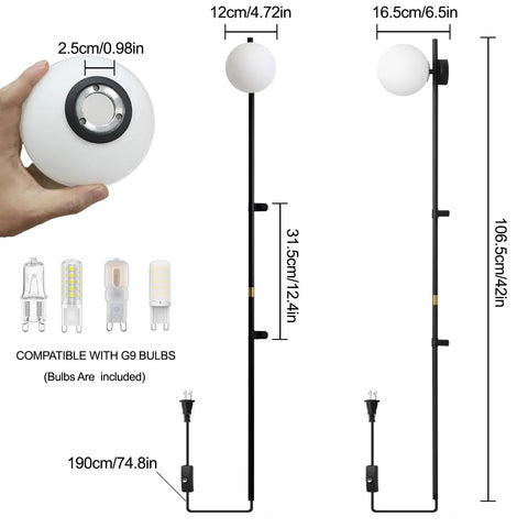 Plug In Wall Sconce With Globe Shade, Modern Indoor LED Wall Lamp dimensions and G9 bulb compatibility shown