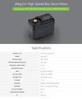 Front view of 20 Kg-Cm Bus Servo Motor with 360 Degree High Precision Magnetic Encoder on a specifications sheet.