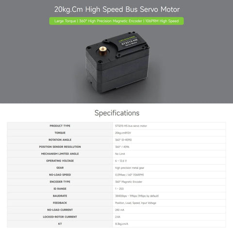 Front view of 20 Kg-Cm Bus Servo Motor with 360 Degree High Precision Magnetic Encoder on a specifications sheet.