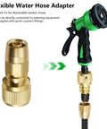 Expandable Garden Hose Repair Kit That Saves You Bucks With Solid Brass End Fittings And Flexible Water Hose Adapter For Three Quarter Inch Quick Connectors Retractable Hose End Repair Fittings 1 Pack shown with brass fittings and green hose nozzle.