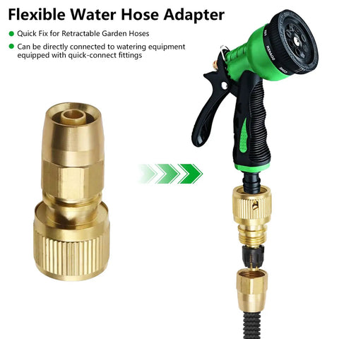 Expandable Garden Hose Repair Kit That Saves You Bucks With Solid Brass End Fittings And Flexible Water Hose Adapter For Three Quarter Inch Quick Connectors Retractable Hose End Repair Fittings 1 Pack shown with brass fittings and green hose nozzle.