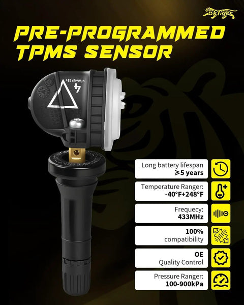 Pre Programmed 433MHz TPMS Sensor for Chevy and GMC Rides Direct Fit Fits Malibu Camaro Cruze Impala Traverse Silverado 1500 2500 3500 Blazer Trailblazer Volt Acadia Sierra 1500 OE 13598773 on black valve stem