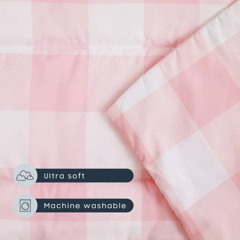 All In One Nap Mat For Kids With Pillow And Blanket Roll Up Sleeping Bag in gingham plaid grid light pink and white