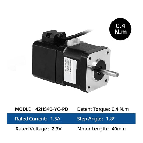 Side view of CWCKDJDH 42HS40-YC-PD Nema 23 two-phase stepper motor, black body with silver face