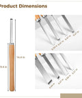 Eight Piece Wood Lathe Tool Set with Steel Blades dimensions shown, varying blade sizes and wooden handle length in inches.
