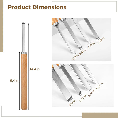 Eight Piece Wood Lathe Tool Set with Steel Blades dimensions shown, varying blade sizes and wooden handle length in inches.